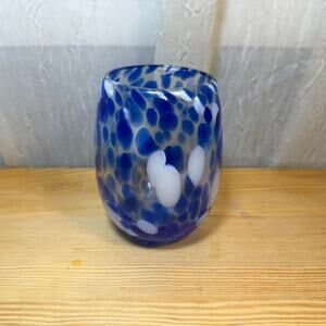 Hand Blown Art Glass Tumbler Blue White Confetti Bubble Stemless Wine Glass